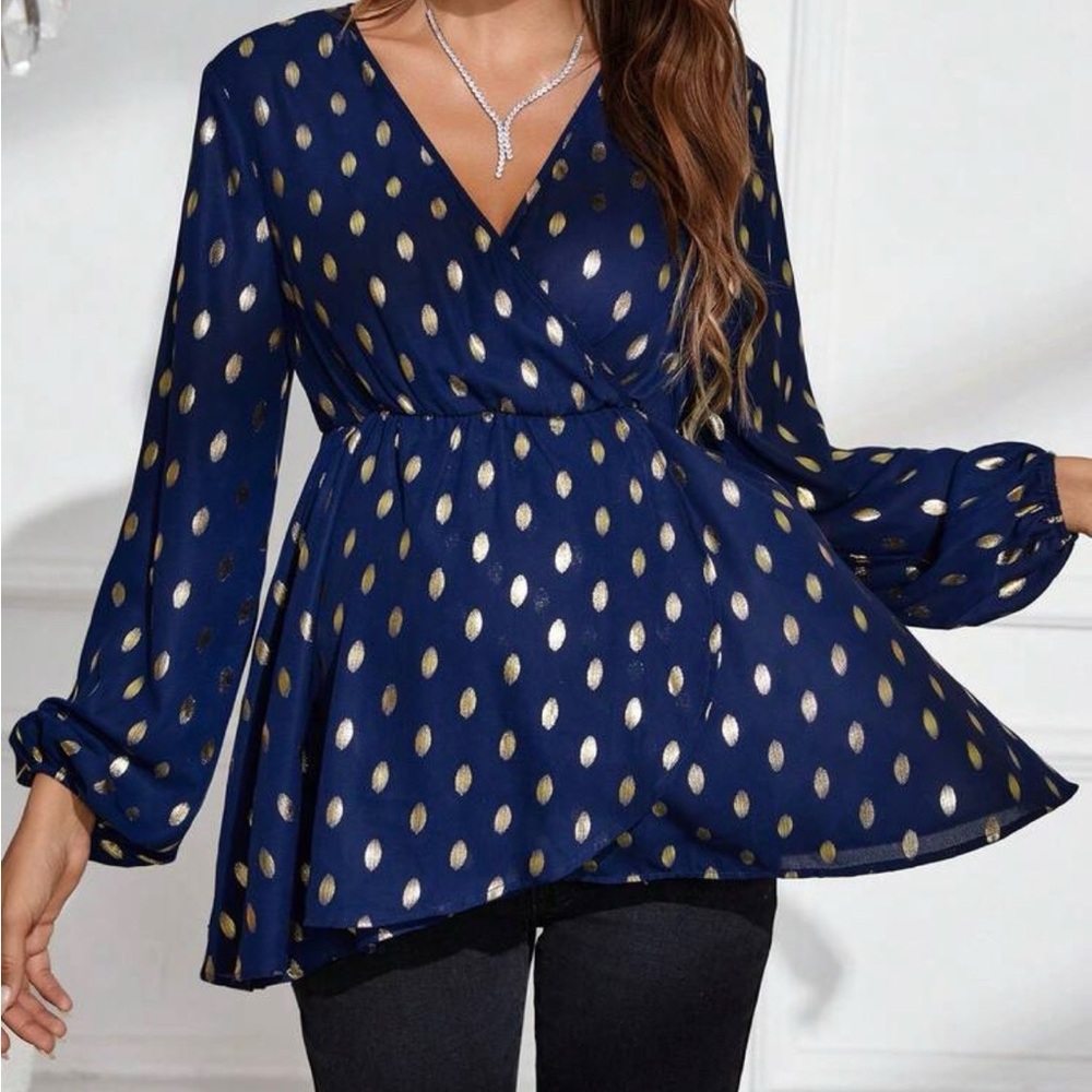 SHEIN Navy Blue & Gold Polka Dot Wrap Peplum Blouse